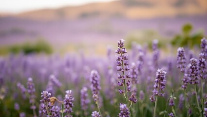 Obraz premium Lavender flowers blooming in a field at sunset