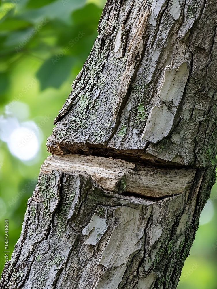 Aufkleber Close up view of a tree trunk showing cracks and texture with vibrant green background in nature : Generative AI
