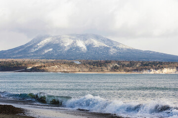 View of Mendeleev volcan and Pacific coast. Kunashir. Southern Kurils
