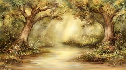 Obraz premium Autumn forest trail with sunlight, illustration