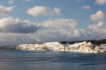 Golovninskiy cliff on the island of Kunashir on a winter day