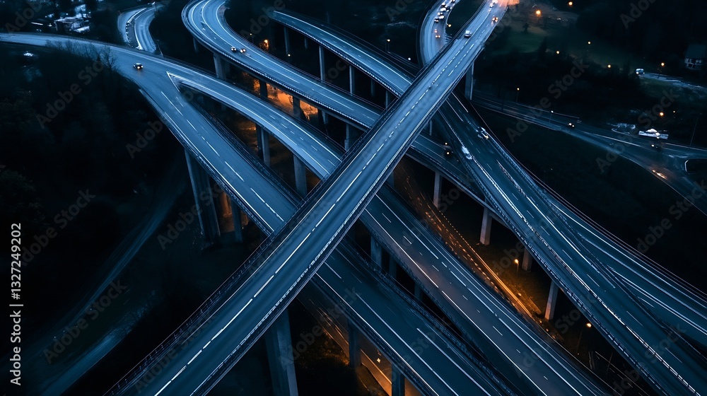 Aufkleber dynamic overhead shot of busy highway interchange with multiple lanes and moving vehicles at night :