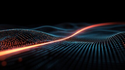 Abstract Digital Waveform:  A mesmerizing display of vibrant orange and teal energy flowing across a dark digital landscape.