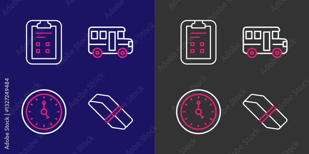 Poster set line eraser or rubber, clock, school bus and exam sheet with check mark icon. vector