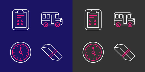Set line Eraser or rubber, Clock, School Bus and Exam sheet with check mark icon. Vector