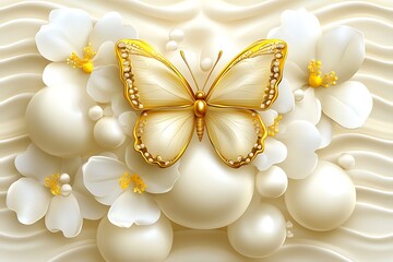 Butterfly with golden trim amidst of Flowers and Spheres in a Creamy Background
