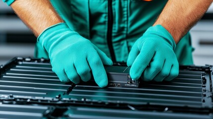 Battery replacement installation. Technician Installing Battery Module in Renewable Energy System