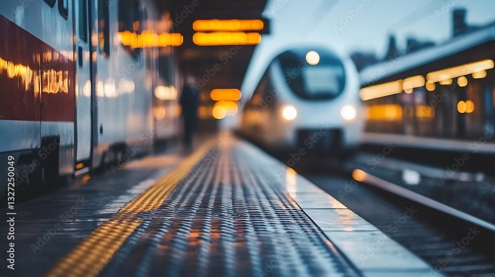 Poster train arriving at a station with blurred motion and illuminated signs creating an urban ambiance : g