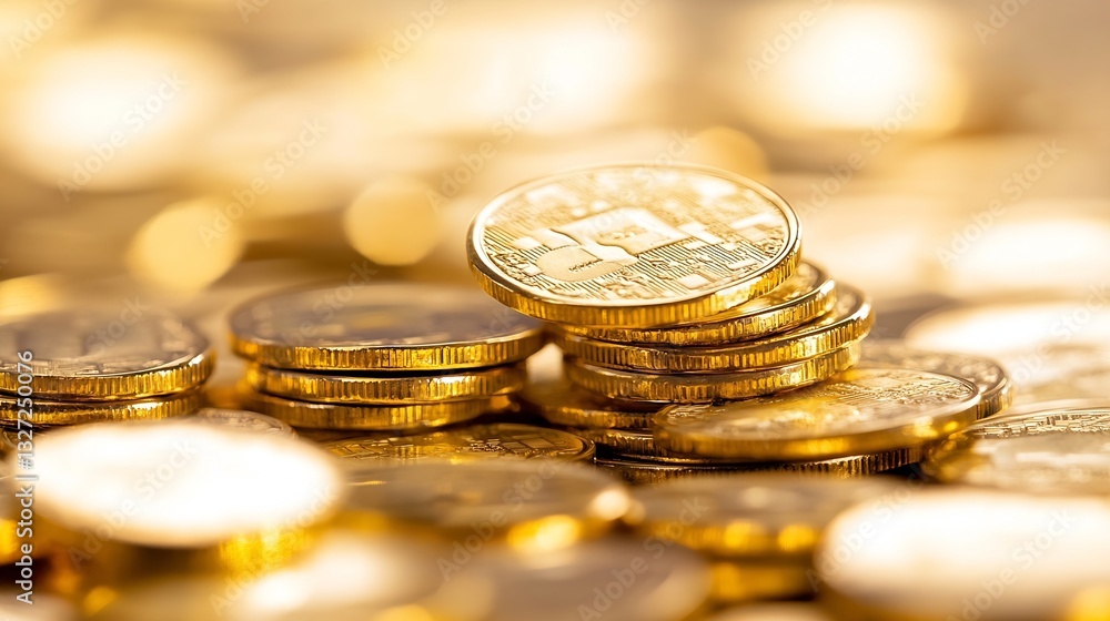 Poster piles of golden coins shimmering under bright light showcasing wealth and investment potential in fi