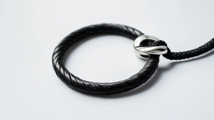 Naklejka premium Metal ring and black cord on white background 