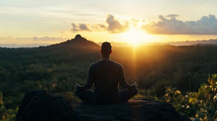 Fototapeta premium Serene sunrise meditation with a man sitting on a rock overlooking lush landscapes : Generative AI