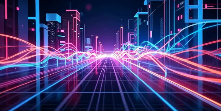 Futuristic colorful electric cables lines and led ight effect background for digital technology Trendy wallpaper spectrum. 4k