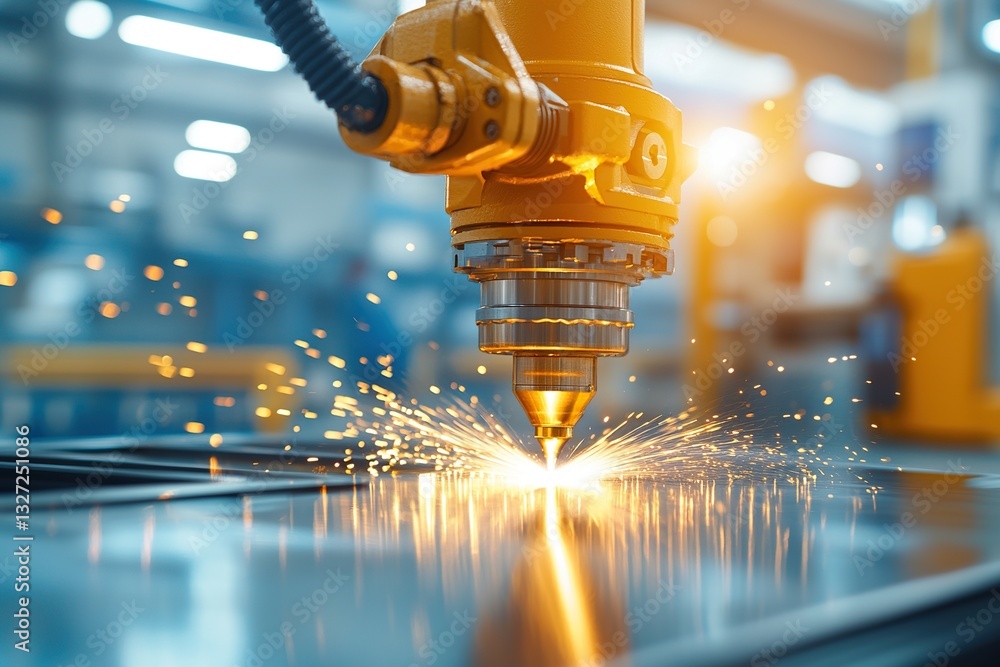 Aufkleber high-tech laser cutting machine creating sparks in a manufacturing environment.
