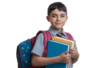 young student with backpack holding books on an isolated transparent background