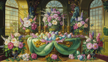 Fototapeta premium festive easter table decorated with pastel eggs blooming tulips bunny figurines floral wreaths springtime colors vibrant ribbons woven baskets delicate lace linens bright cheerful holiday setting