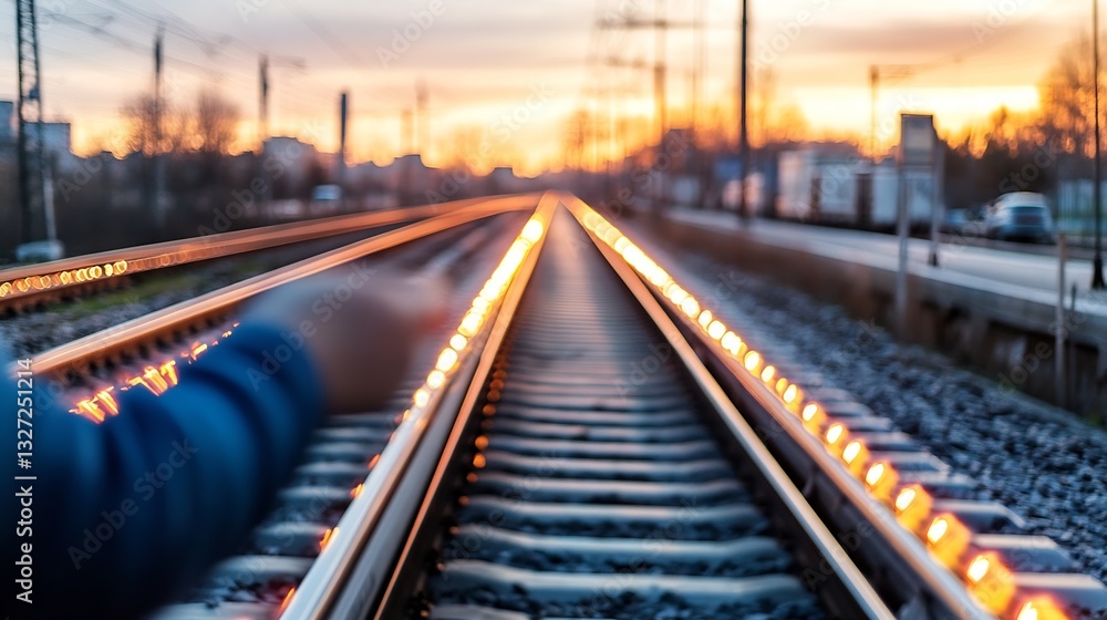 Poster dynamic perspective of railway tracks stretching into the horizon during a vibrant sunset creating a