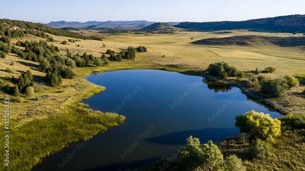 Poster aerial view of serene pond surrounded by lush greenery and hills under a clear blue sky during dayti