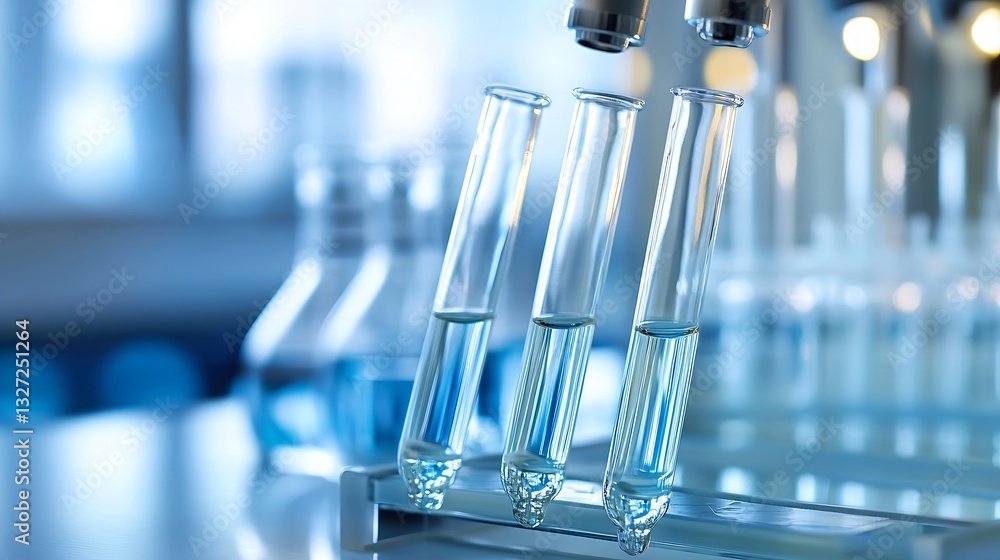 Poster laboratory setup with test tubes and blue solution for scientific research : generative ai