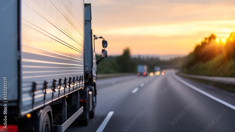 Aufkleber Trucks Driving on an Expressway with a Sunset Backdrop Creating a Dynamic Scene : Generative AI