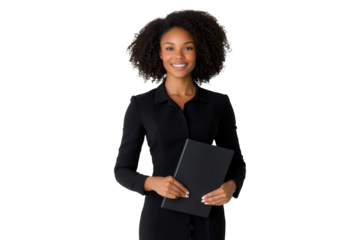 Smiling businesswoman holding a notebook isolated on transparent background