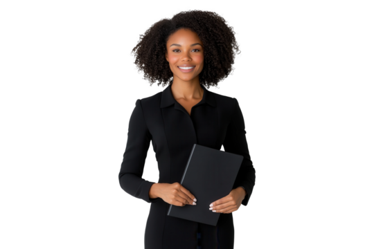 Smiling businesswoman holding a notebook isolated on transparent background - Powered by Adobe