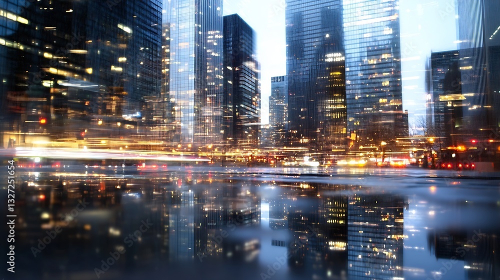 Poster ethereal reflection of city lights on wet pavement at dusk creating a dreamlike urban scene : genera