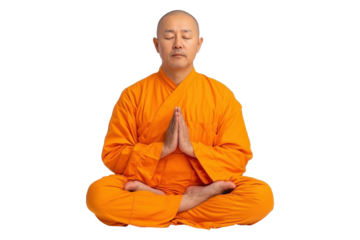 Meditating monk in orange robe isolated on transparent background