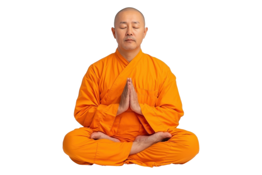 Meditating monk in orange robe isolated on transparent background