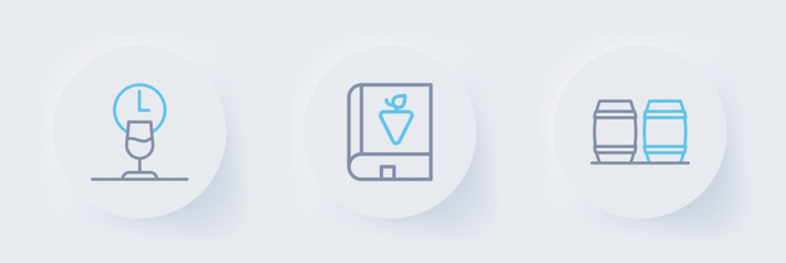 Set line Wooden barrel for wine, Book about grapes and Wine time icon. Vector