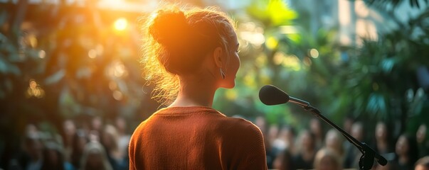 A young activist speaking at an environmental summit, advocating for conservation