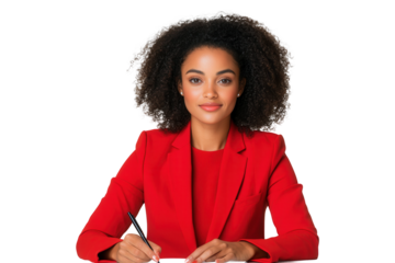 Businesswoman in red suit writing on paper, isolated on transparent background