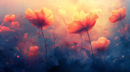 Dreamy Glowing Flowers in a Mystical Night Garden with Ethereal Lighting and Soft Fantasy Atmosphere

