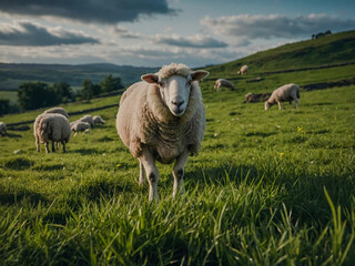 Obraz premium Curious sheep in a lush green pasture.