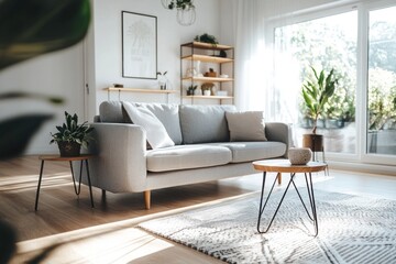 Modern living room with gray couch, sunlight, and plants