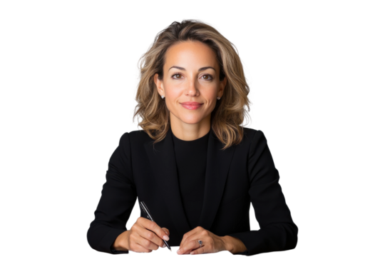 Businesswoman in black suit writing on paper, isolated on transparent background