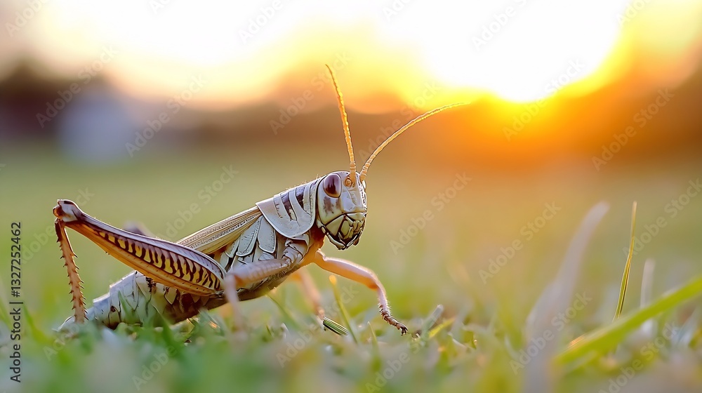 Aufkleber close up of a grasshopper enjoying the warm sun during sunset in a grassy field : generative ai