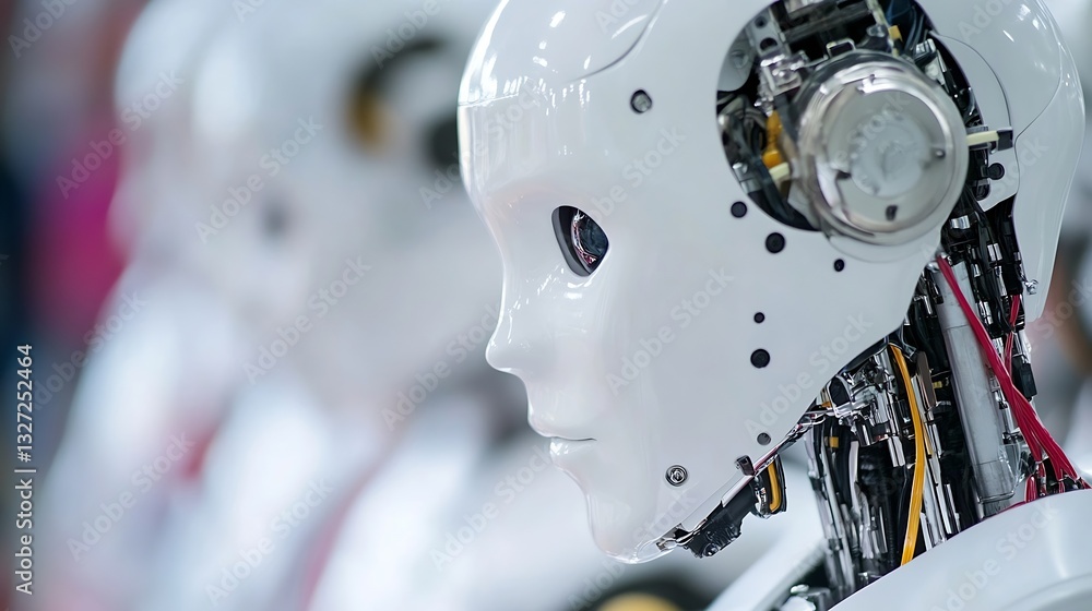 Poster CloseUp of a HumanLike Robot Head with Advanced Features and Realistic Design : Generative AI