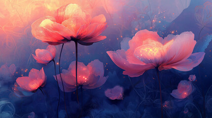 Dreamy Glowing Flowers in a Mystical Night Garden with Ethereal Lighting and Soft Fantasy Atmosphere

