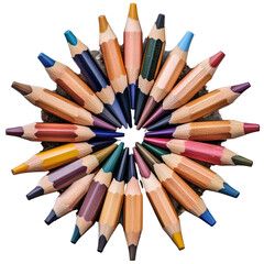 Fototapeta premium Colorful pencils arranged in an intricate pattern, isolated on a transparent background