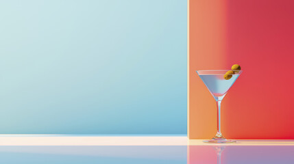 refreshing cocktail in stylish glass, set against vibrant backdrop. colors evoke modern and inviting atmosphere
