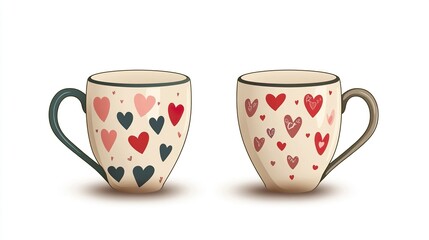 Two decorated mugs, white background, design