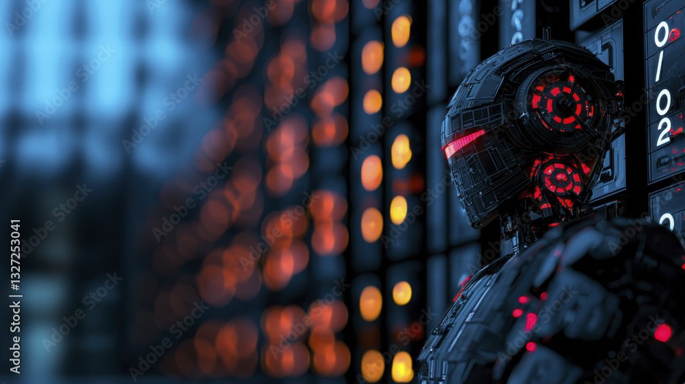Poster futuristic robot stands against backdrop of glowing data servers, showcasing advanced technology and