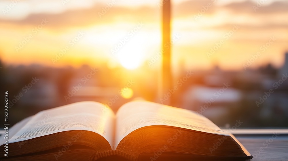 Poster Open book with pages turned and sunlight shining through a window at sunset : Generative AI
