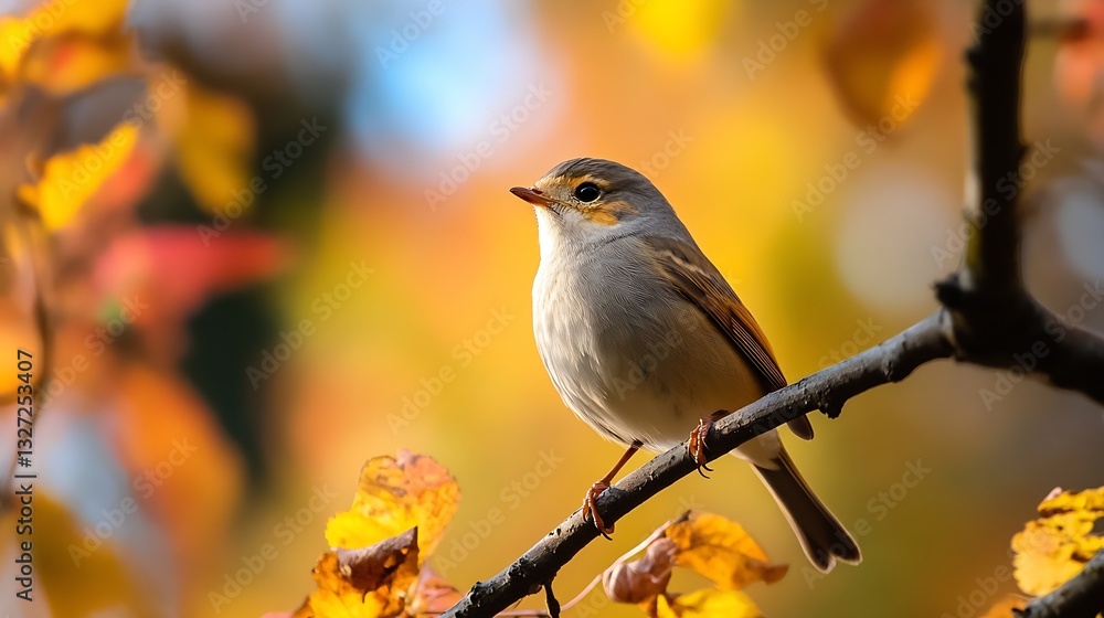 Poster beautiful songbird perched among colorful autumn leaves in a tranquil forest setting : generative ai