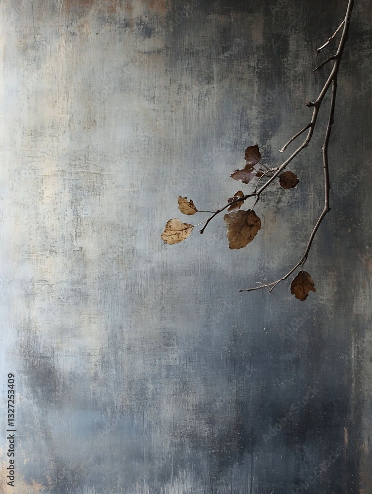 Poster artistic still life featuring dried leaves on a textured blue wall creating a serene ambiance : gene