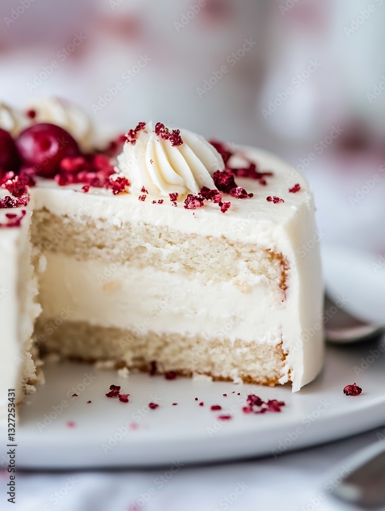 Poster slice of beautiful layered cream cake decorated with red sprinkles and fresh raspberries : generativ