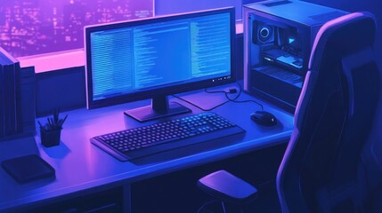 Nighttime Coding Workspace with City View