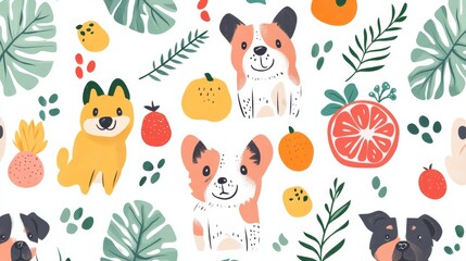 Cute and colorful patterns with dogs, fruits, leaves, and plants for summer. Easy to use and perfect for any project.  
