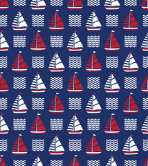 Seamless nautical pattern with sailboats and waves. Vector.