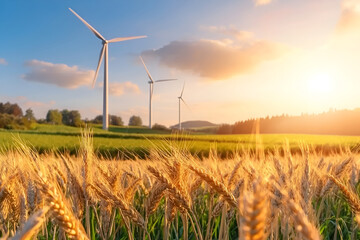 Wind turbines in golden wheat field at sunset with scenic landscape, alternative renewable energy